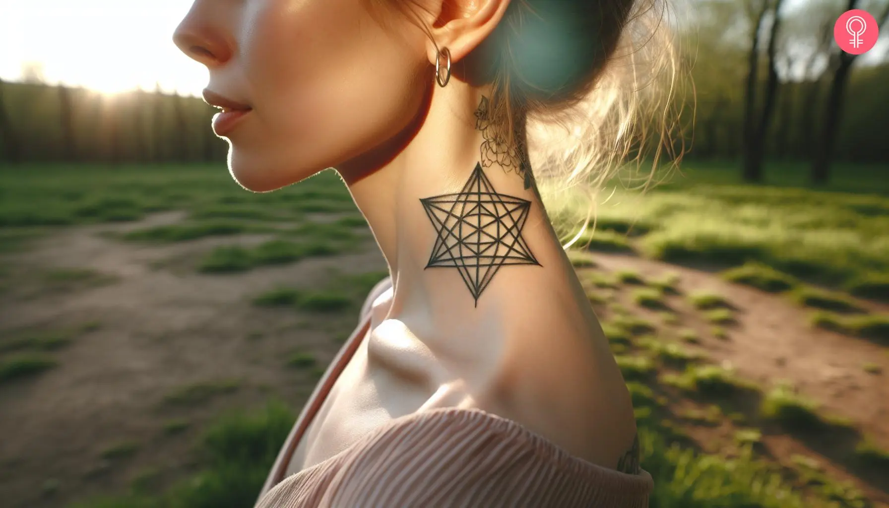 A black merkaba neck tattoo with detailed lines