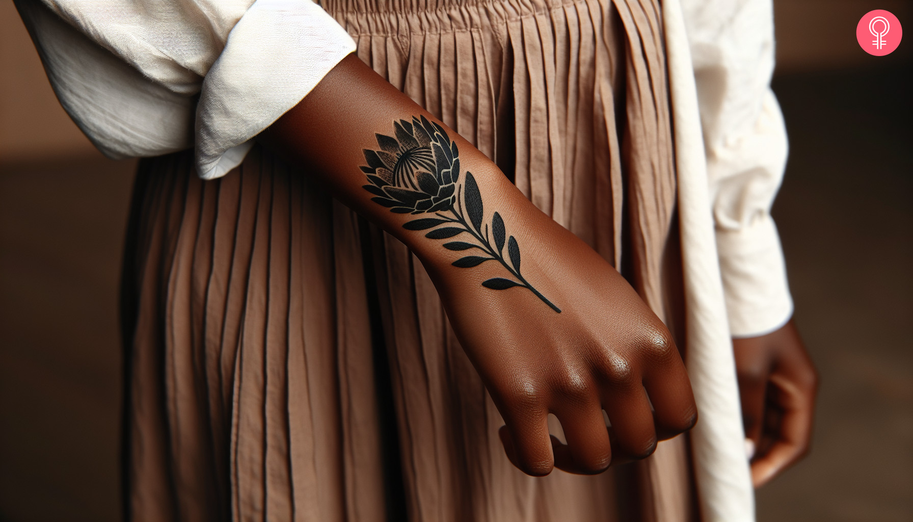 A black protea tattoo at the back of the hand