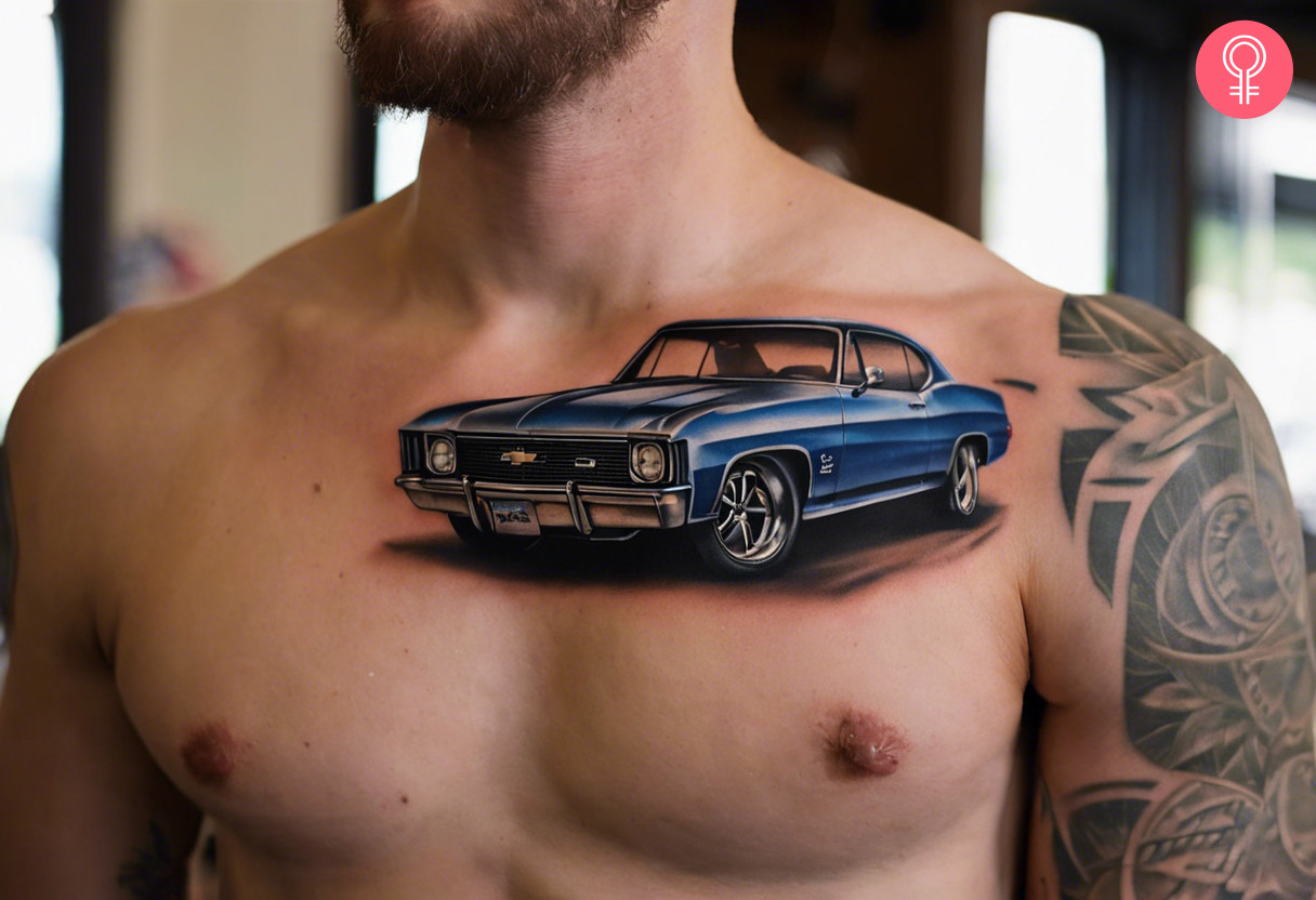 A blue 69 Chevy Nova tattoo on the front of the shoulder