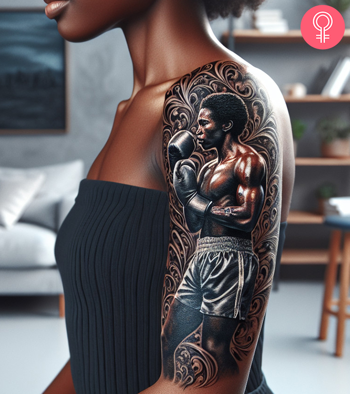 A boxer tattoo on a woman’s bicep