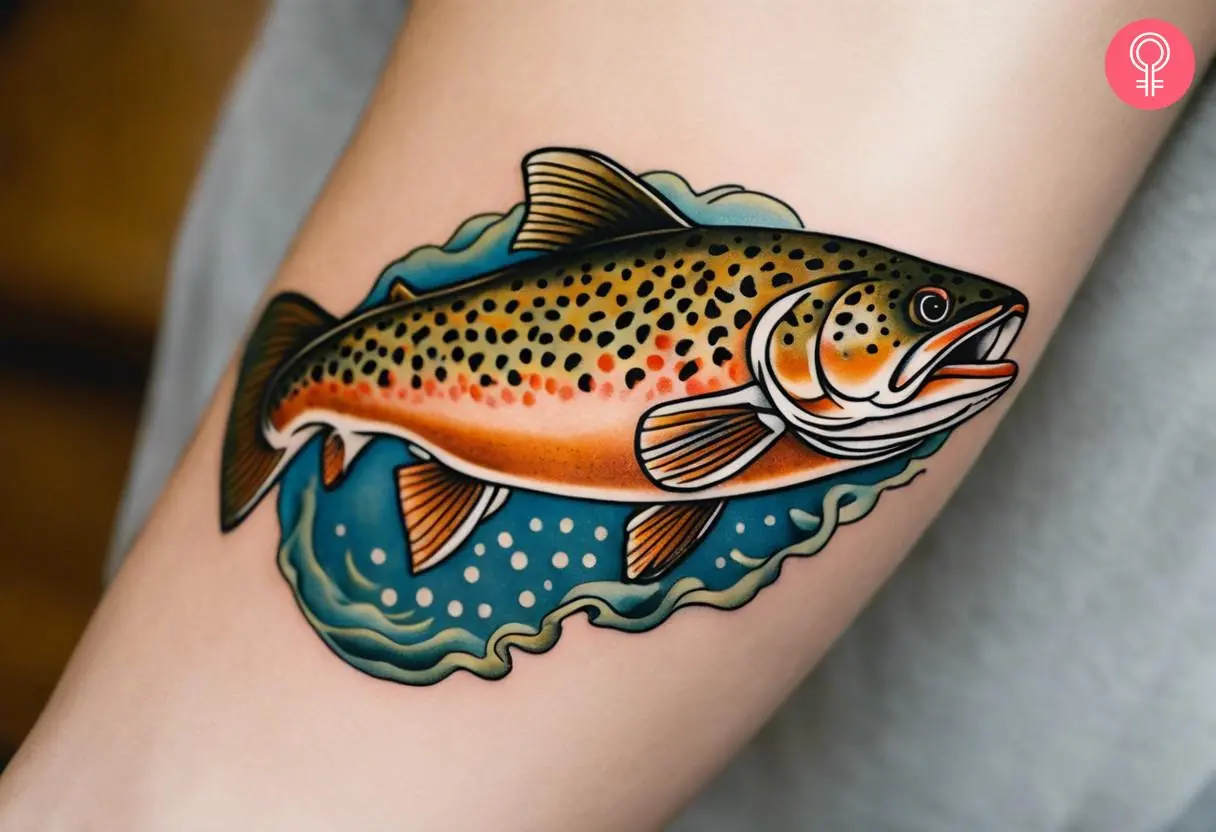 A brown colored trout inked on the forearm.