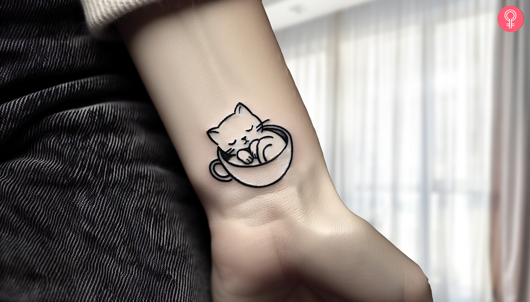 A cat in a cup line art tattoo on the wrist