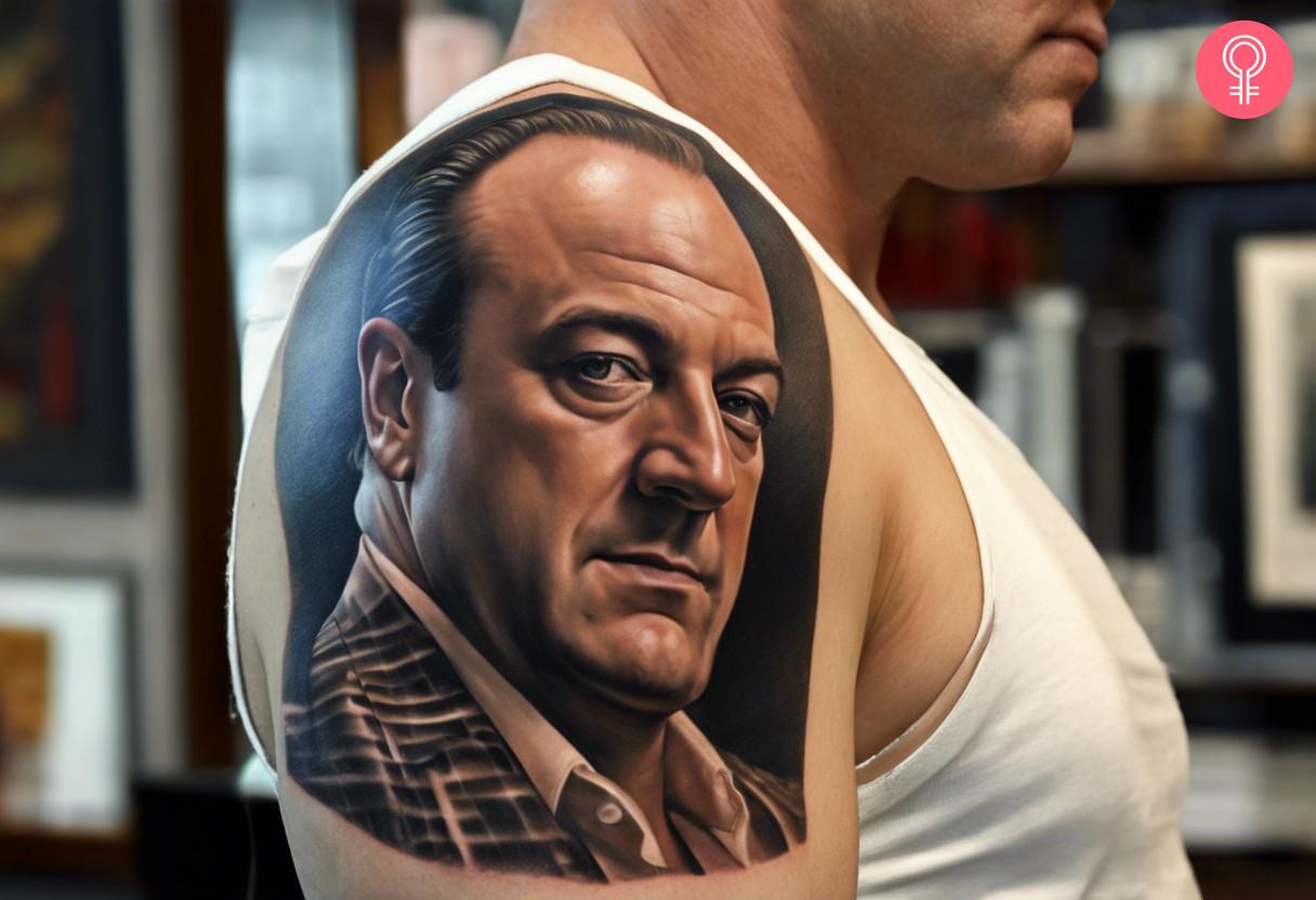 A close up and realistic shoulder cuff tattoo of Tony