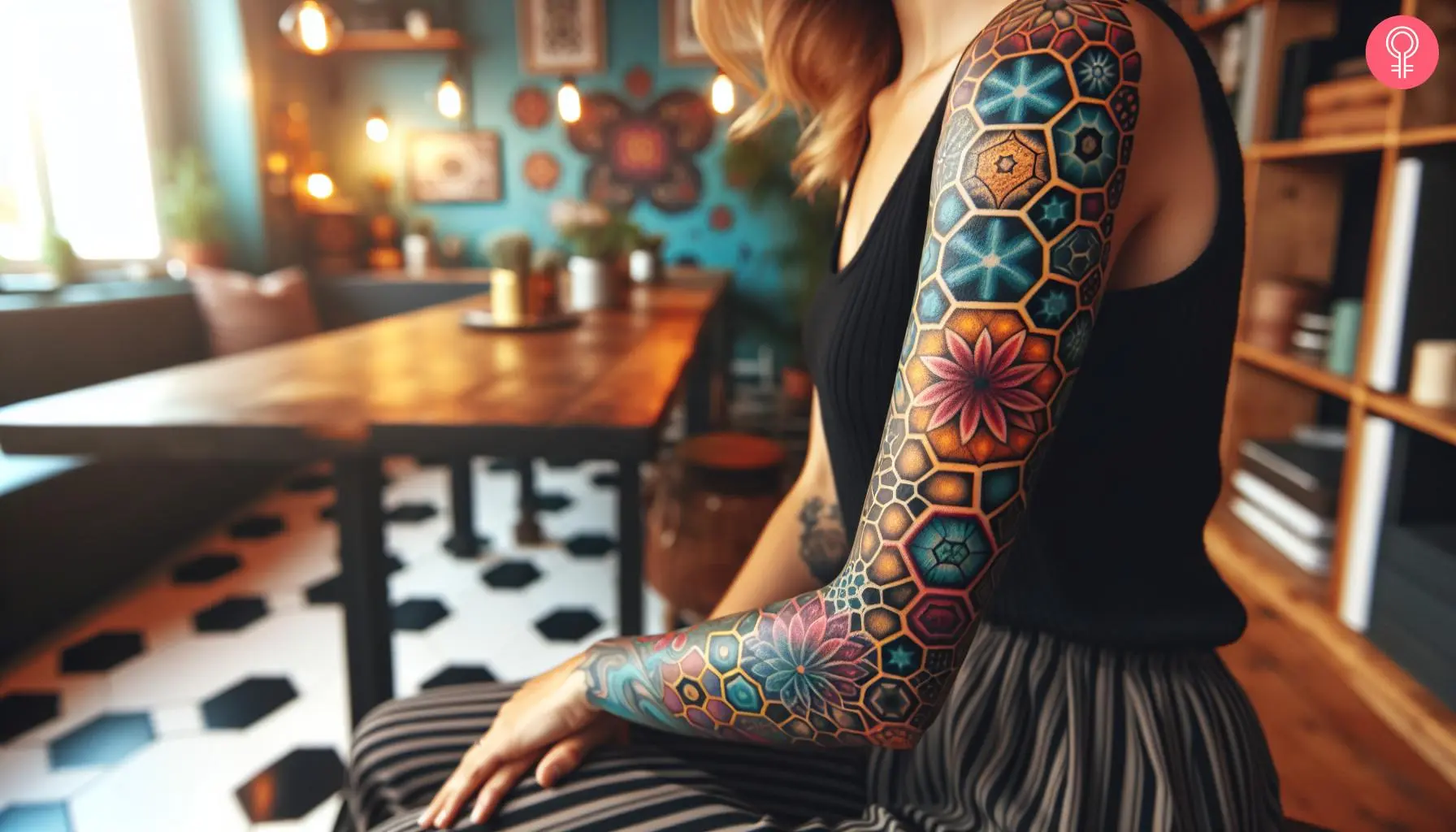 A colorful and detailed hexagon tattoo sleeve