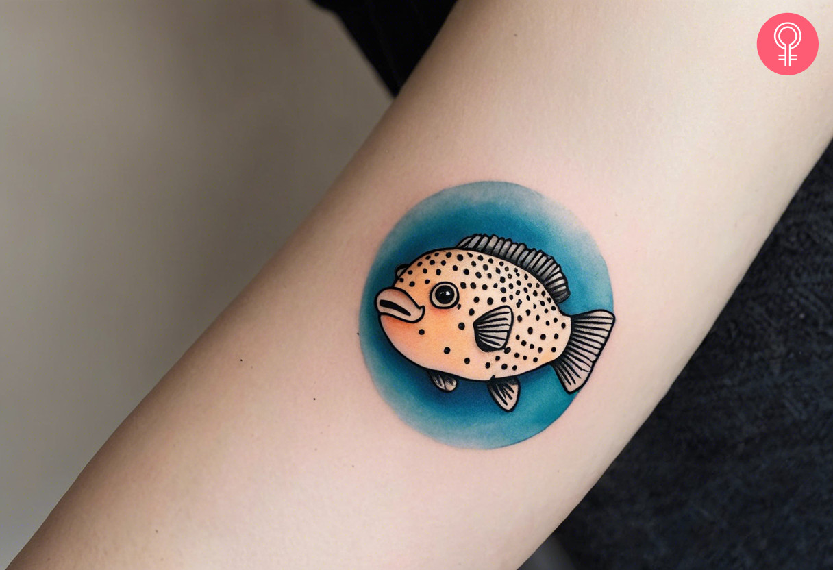 A colorful puffer fish on the forearm