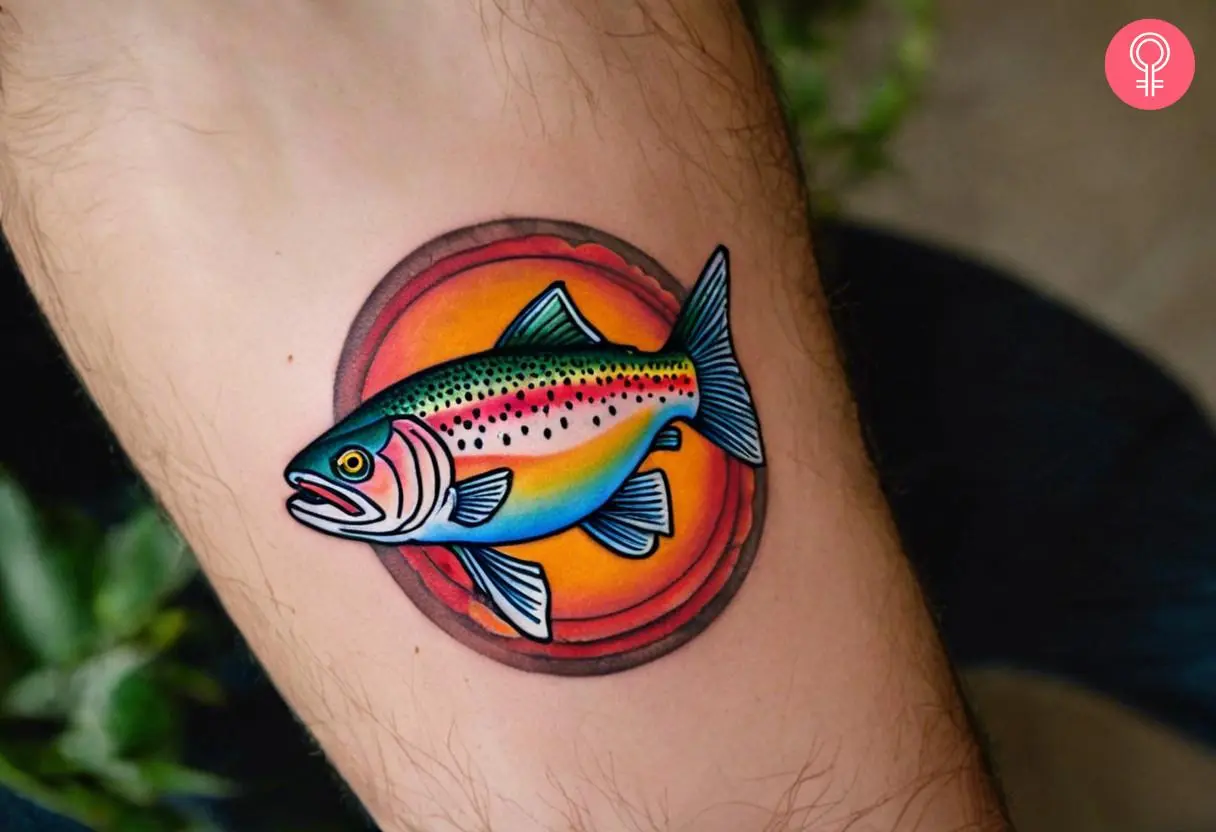 A colorful rainbow trout inked on the forearm.