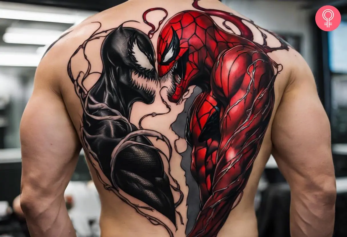 A colorful tattoo of Venom and Carnage on a man’s back