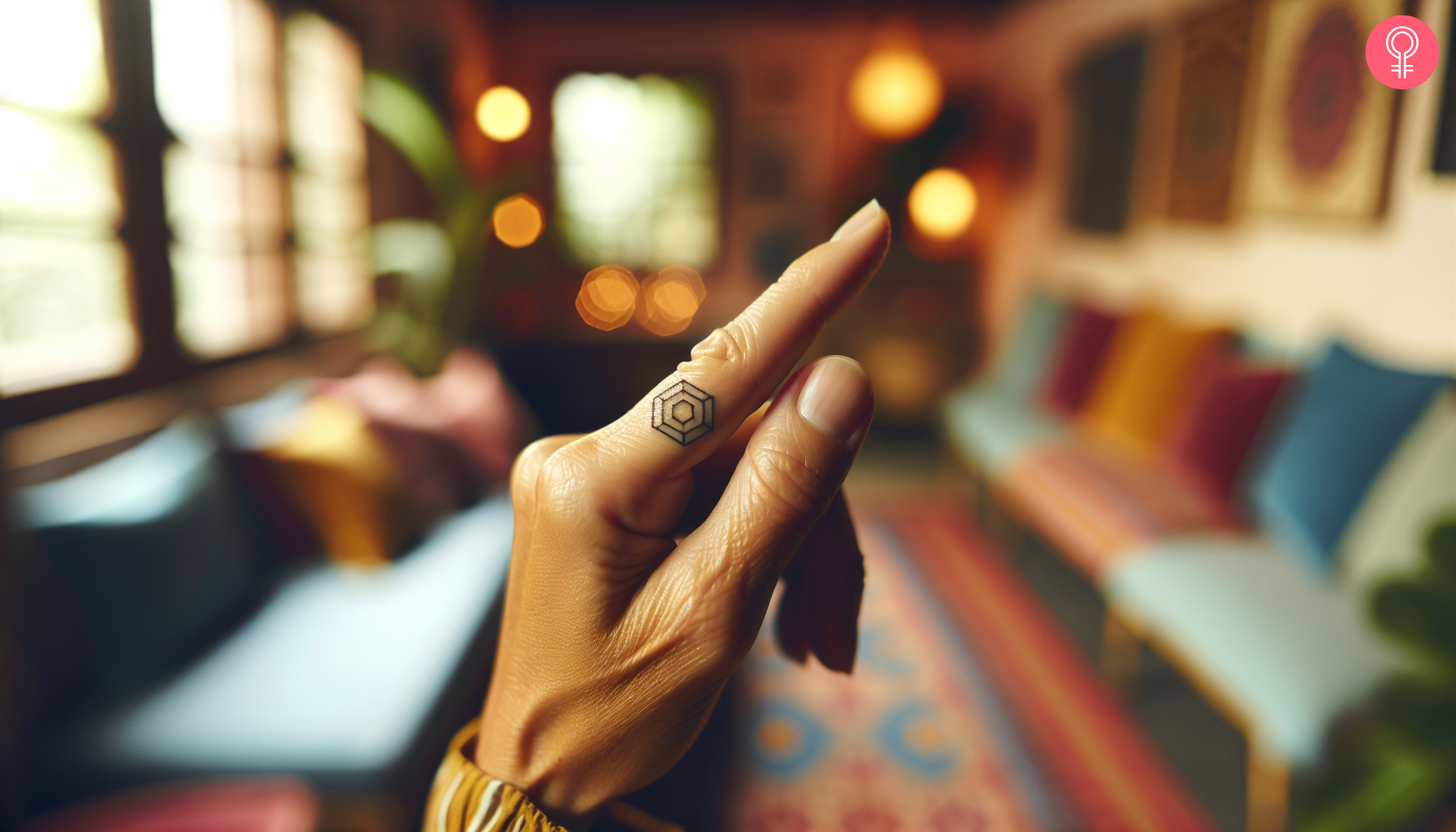 A concentric delicate hexagon tattoo on the finger