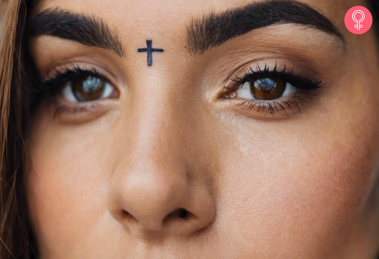 A cross tattoo placed between the eyebrows