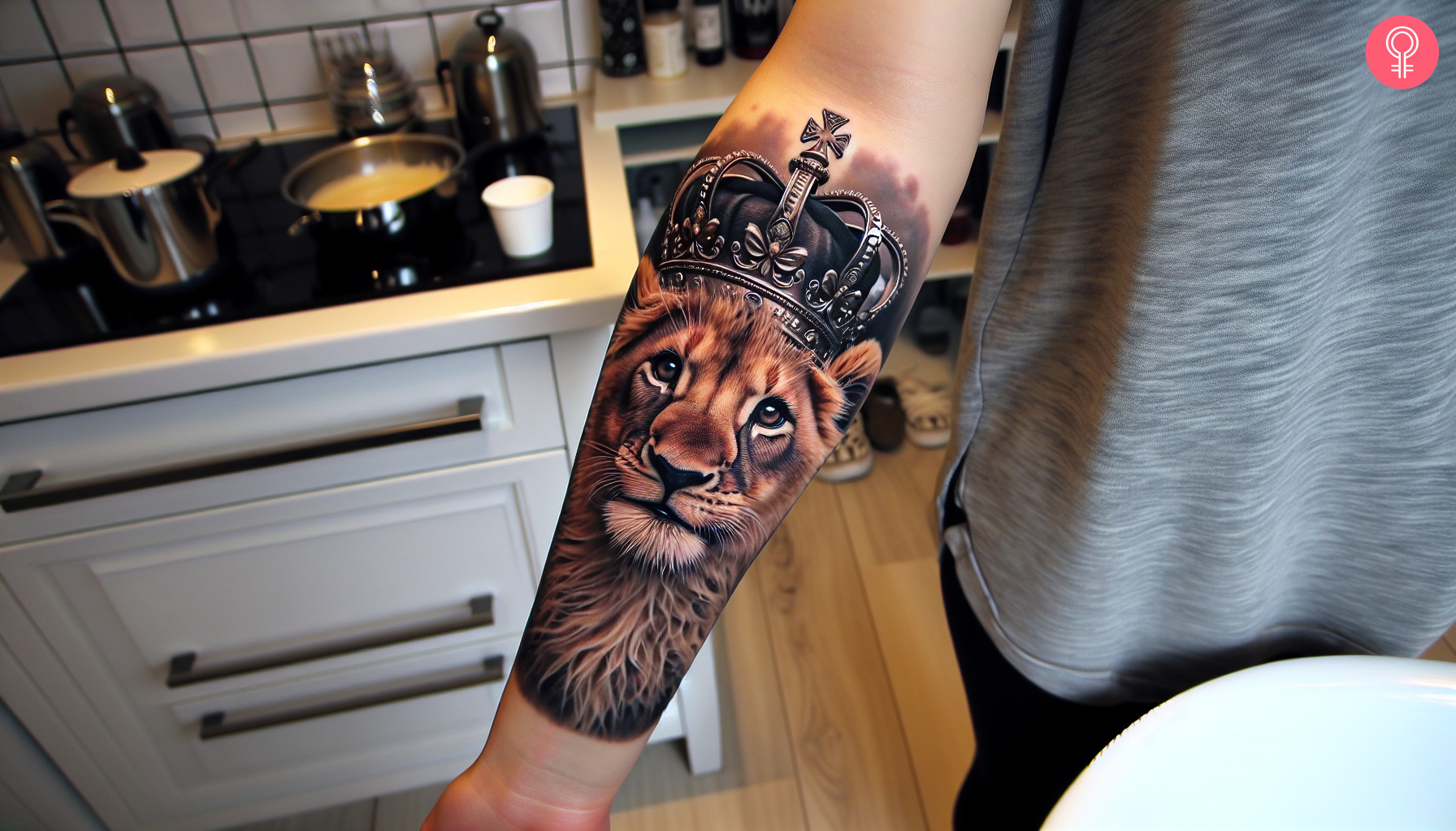 A cute and realistic lion cub tattoo on the forearm