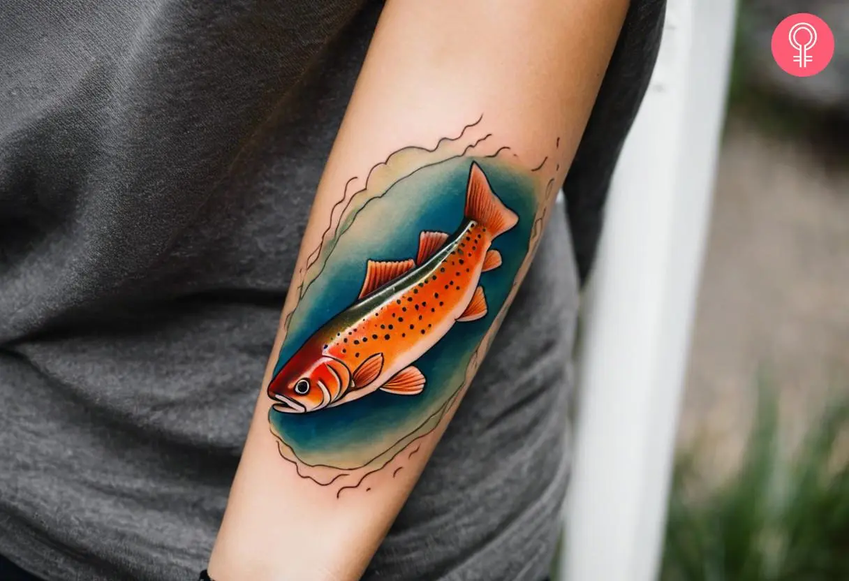 A cutthroat trout inked on a woman’s forearm.