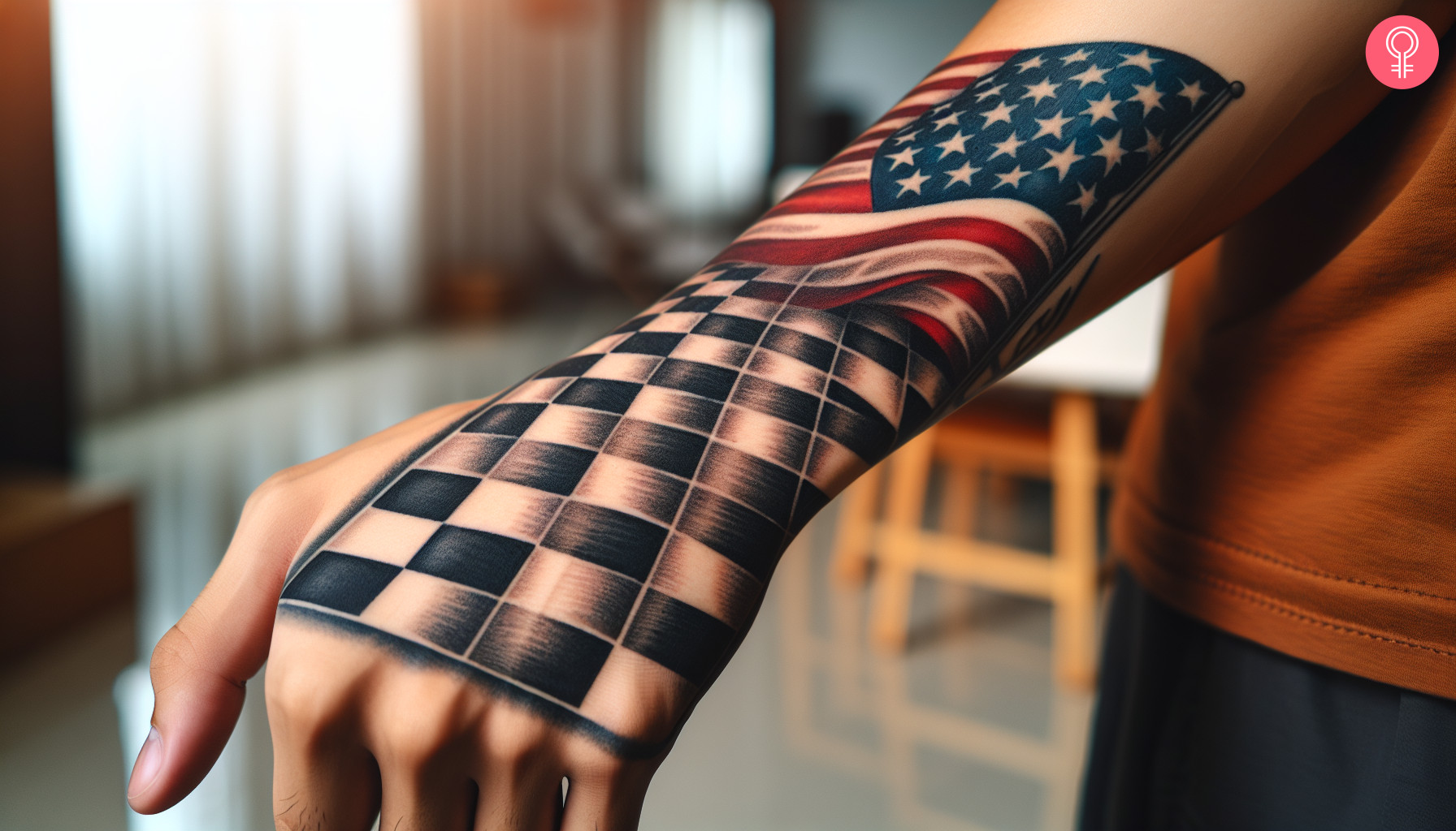 A deconstructed Chevy flag tattoo covering the back of the hand and forearm