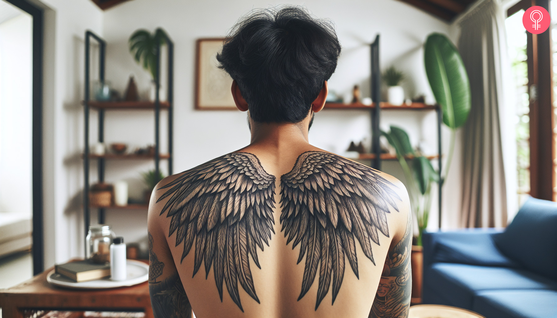 A detailed set of angel wings tattooed across the back