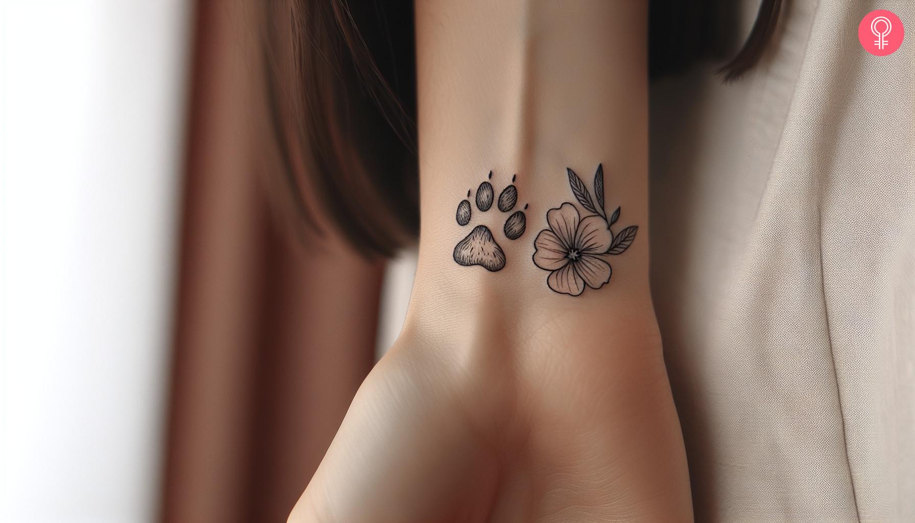 A dog paw print with flower on the wrist