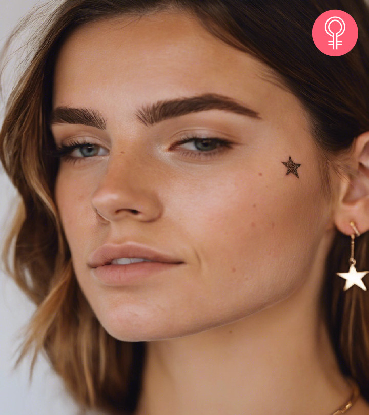 A dotted-style star tattoo on the cheekbone