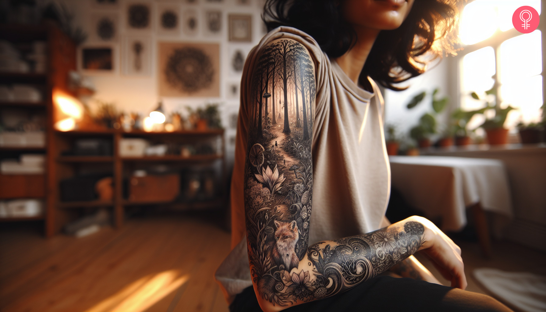 A fantasy forest concept tattoo on a woman’s arm