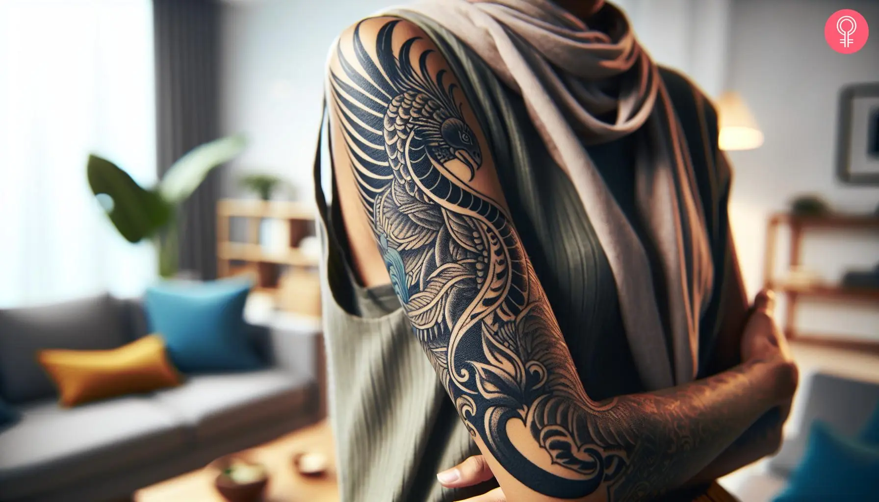 A feathered serpent tattoo with patterns covering the arm