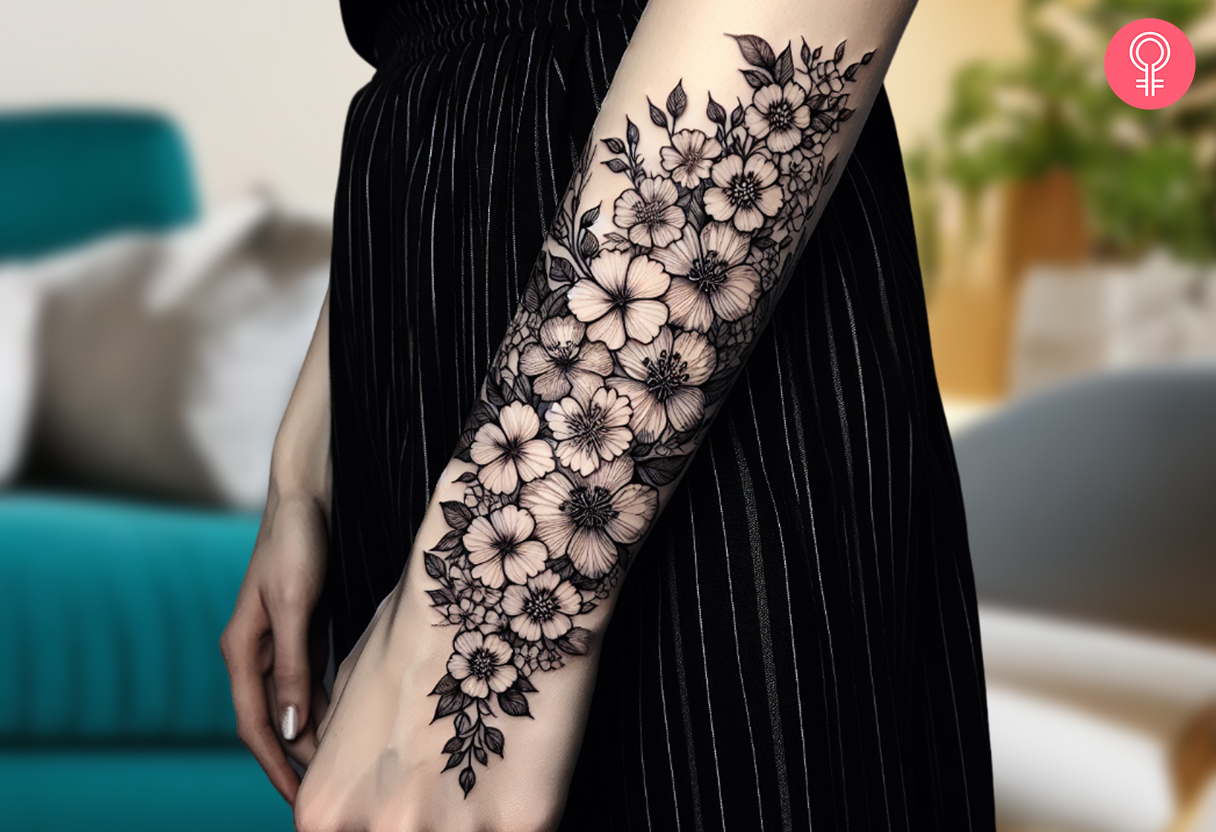 A fine-line floral concept tattoo on a woman’s arm