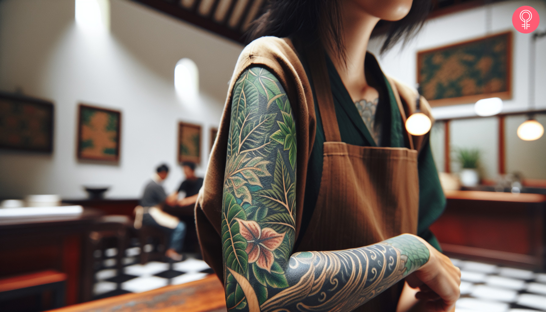 A foliage tattoo sleeve tattoo with different leaves covering the arm