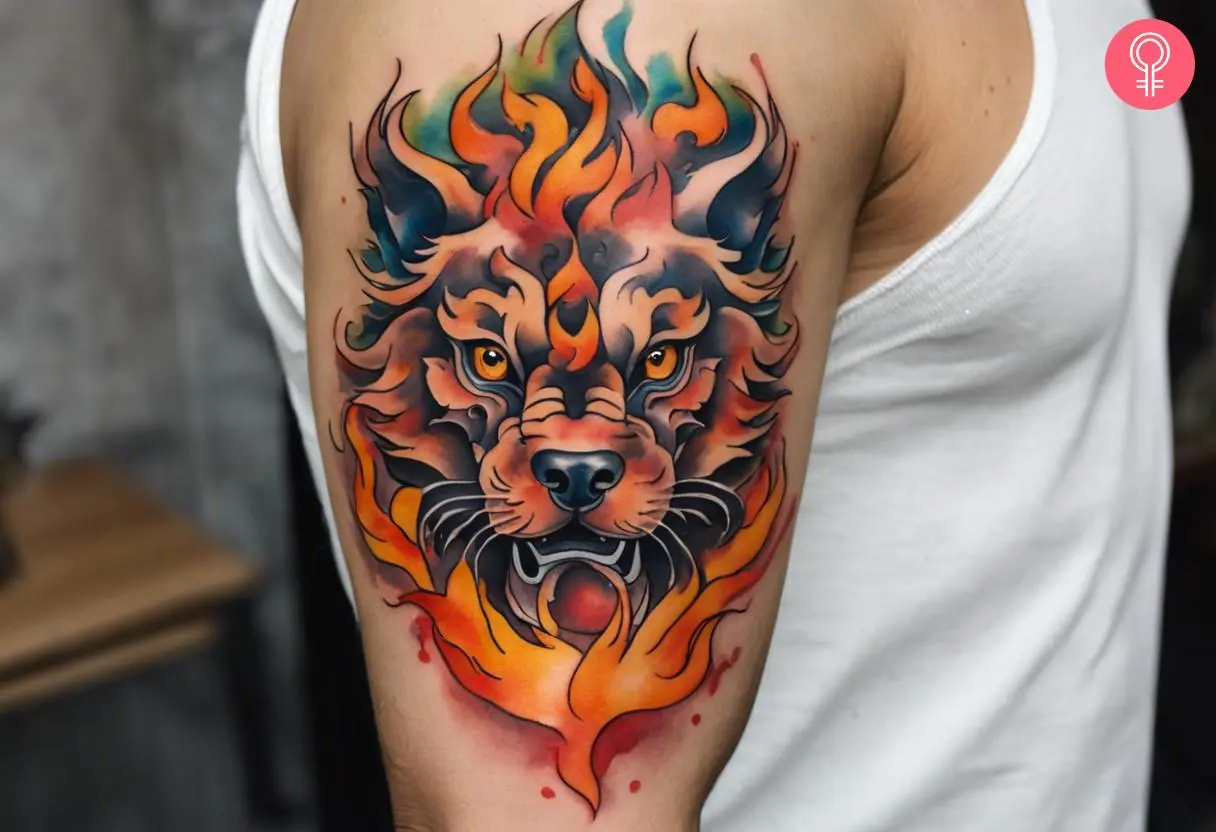 A foo dog with flames tattooed on the upper arm