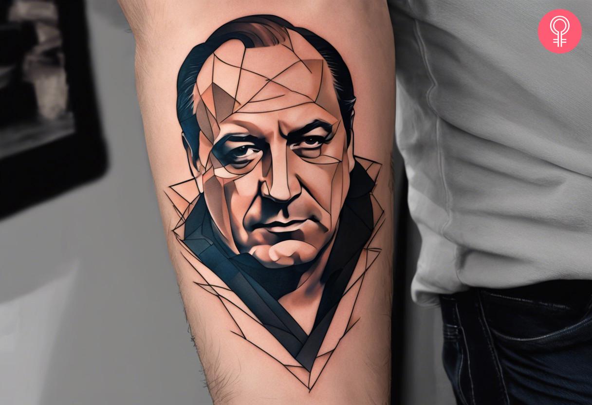 A fragmented, geometric portrait tattoo of Tony Soprano