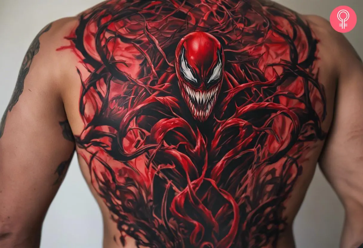 A full back tattoo of Carnage in red ink