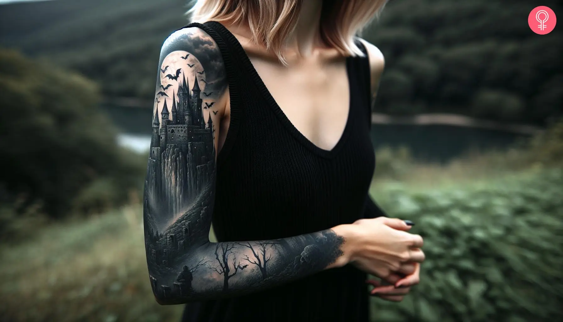 A full sleeve tattoo with gothic and sinister themes