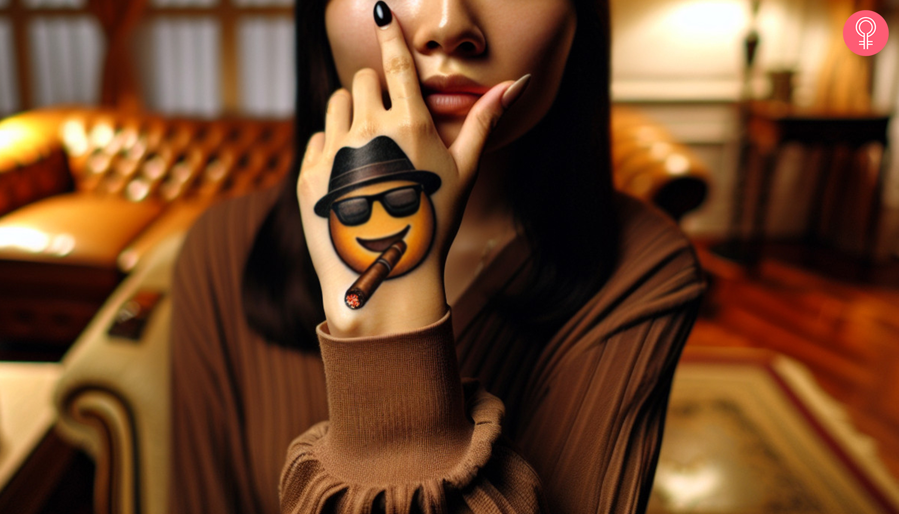 A gangster emoji tattoo on a woman’s hand