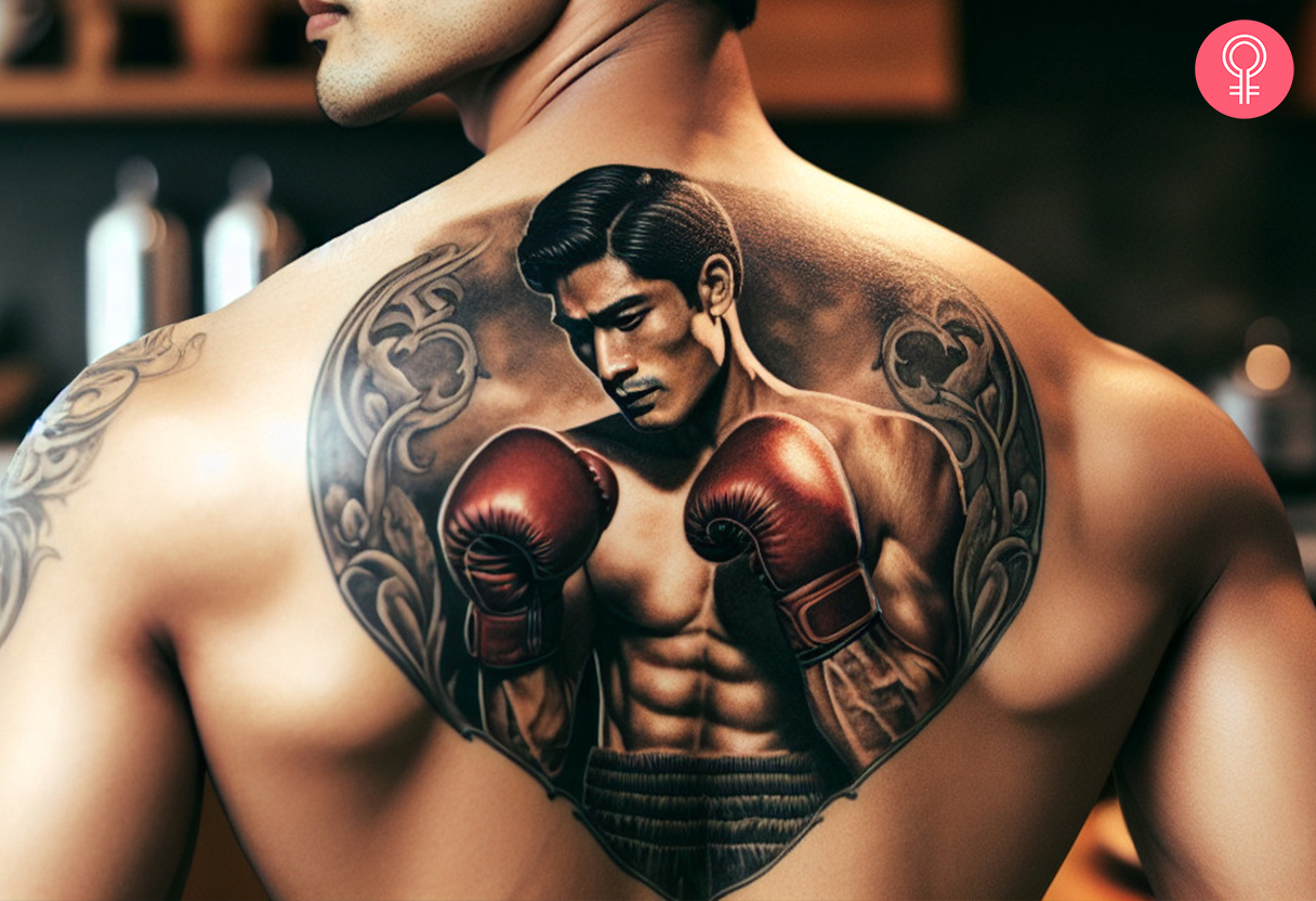 A gentleman boxer tattoo on a man’s back