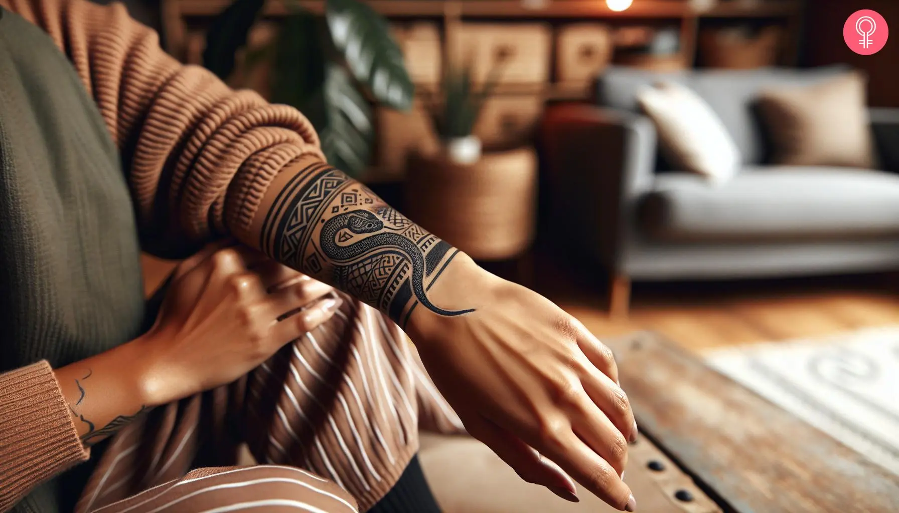 A geometric armband tattoo on the wrist with a snake in the middle