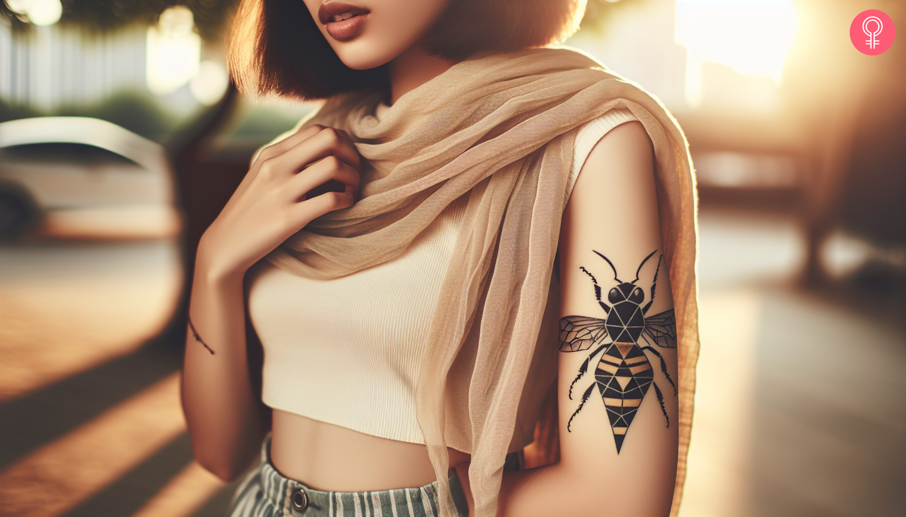 A geometric hornet tattoo on the upper arm of a woman