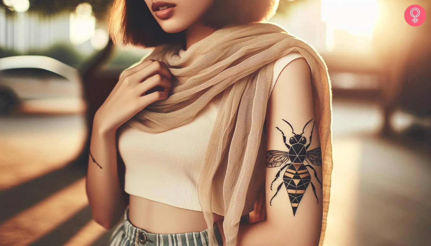 A geometric hornet tattoo on the upper arm of a woman