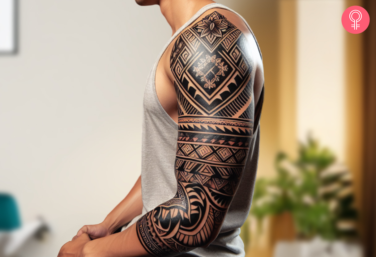 A geometric sleeve tattoo featuring lines, shapes, curves, and flowers