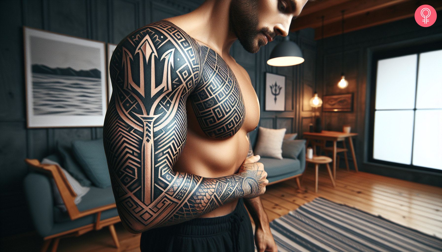 A geometric tattoo of Poseidon’s trident covering the arm