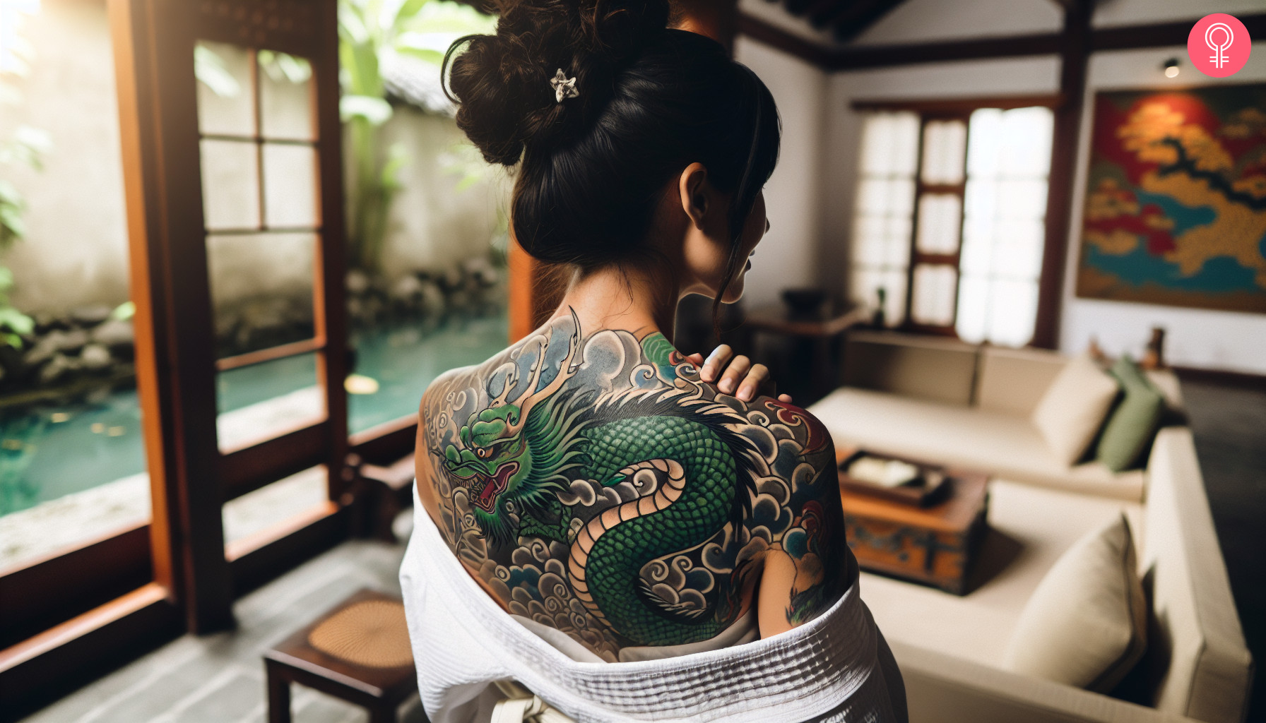 A green Japanese serpent tattoo on the upper back