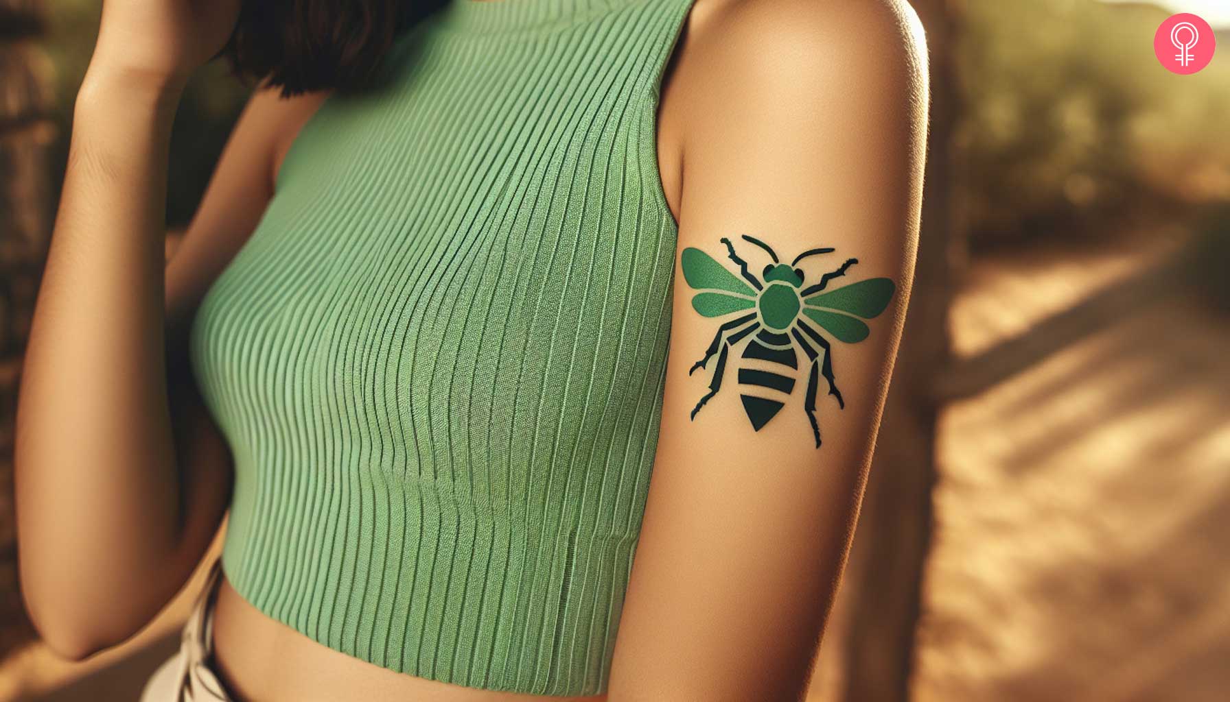 A green hornet tattoo on the upper arm