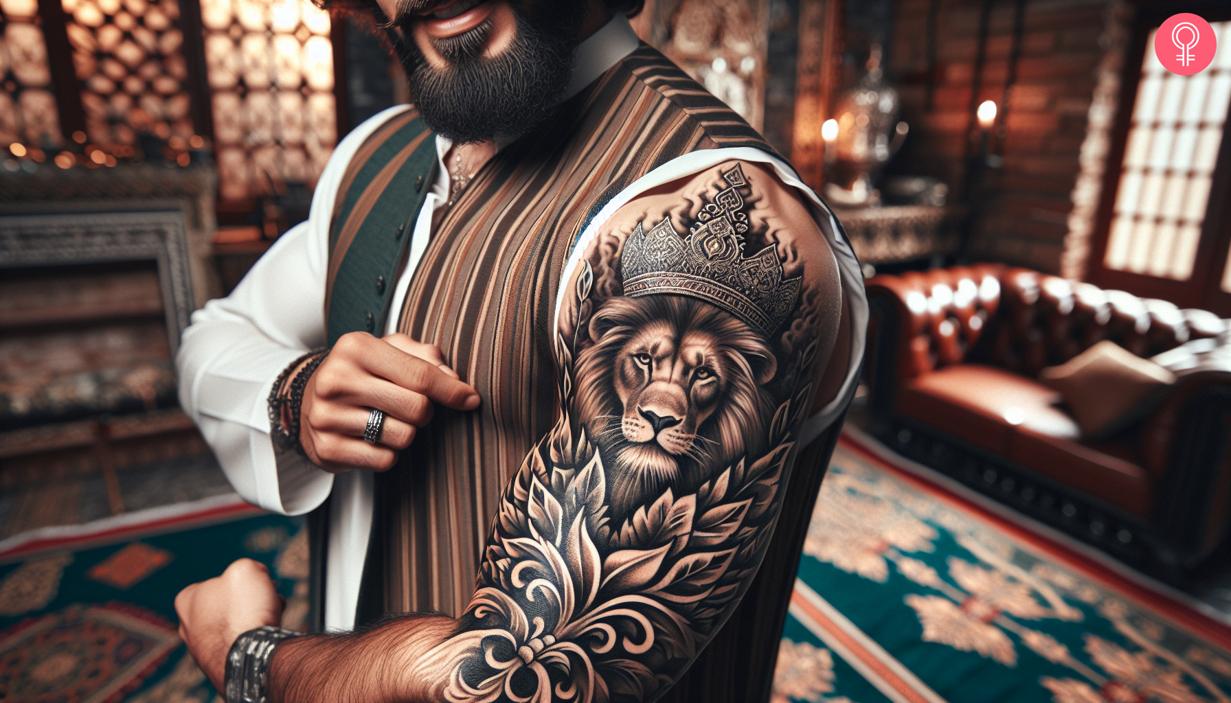 A half-sleeve crowned lion tattoo covering the upper arm