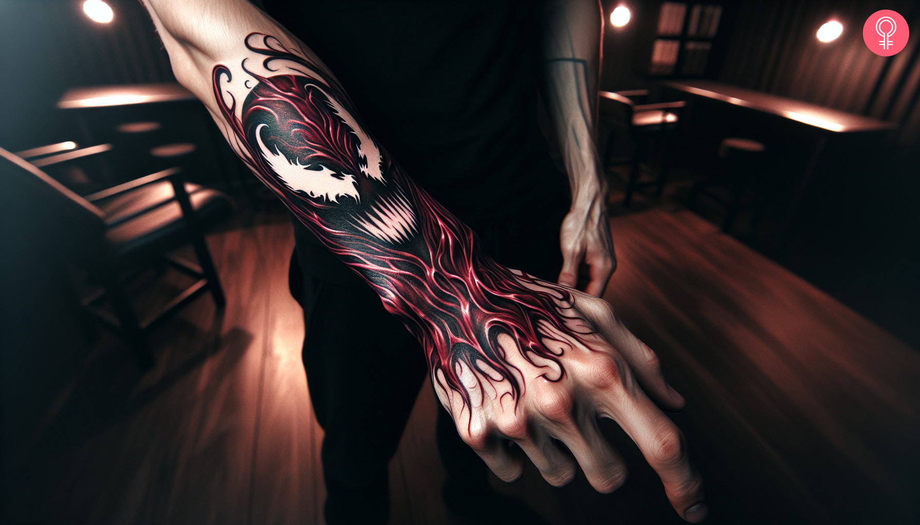 A hyper-realistic Carnage tattoo on the back of the hand