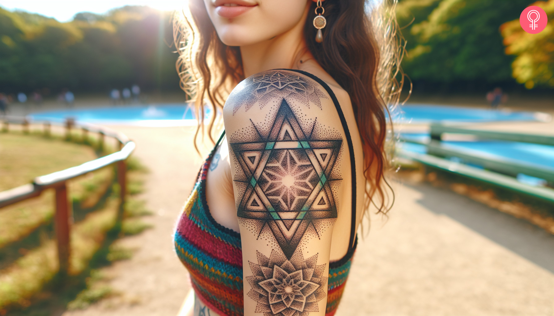 A large dotted merkaba star tattoo with intricate details on the upper arm