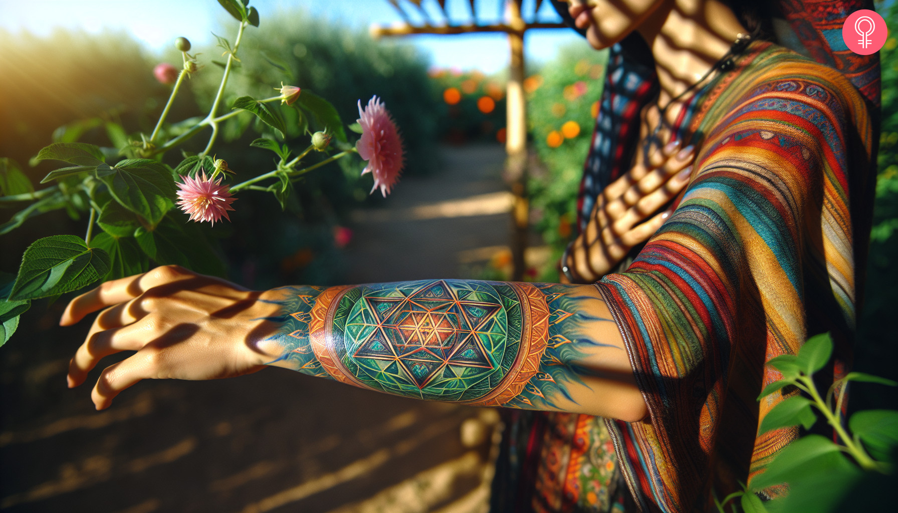 A large scale merkaba tattoo sleeve in vibrant colors