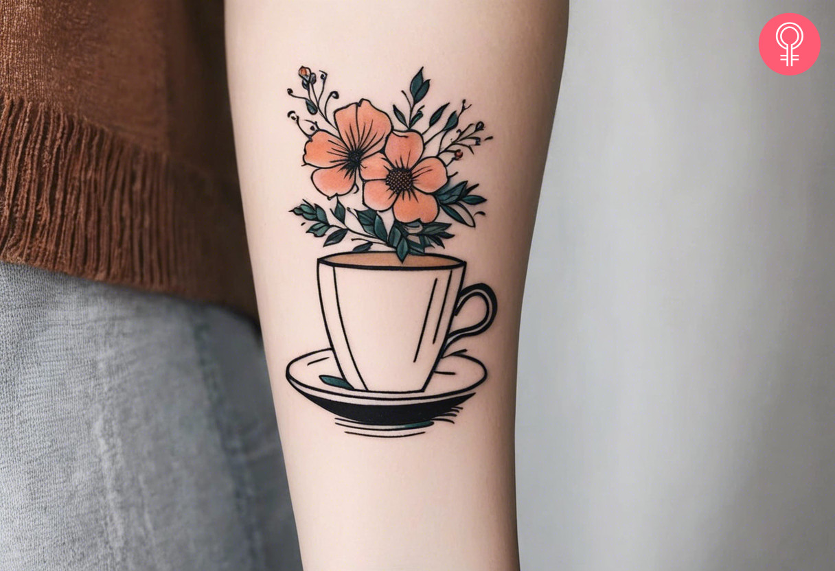 A line art coffee with flower tattoo on the forearm