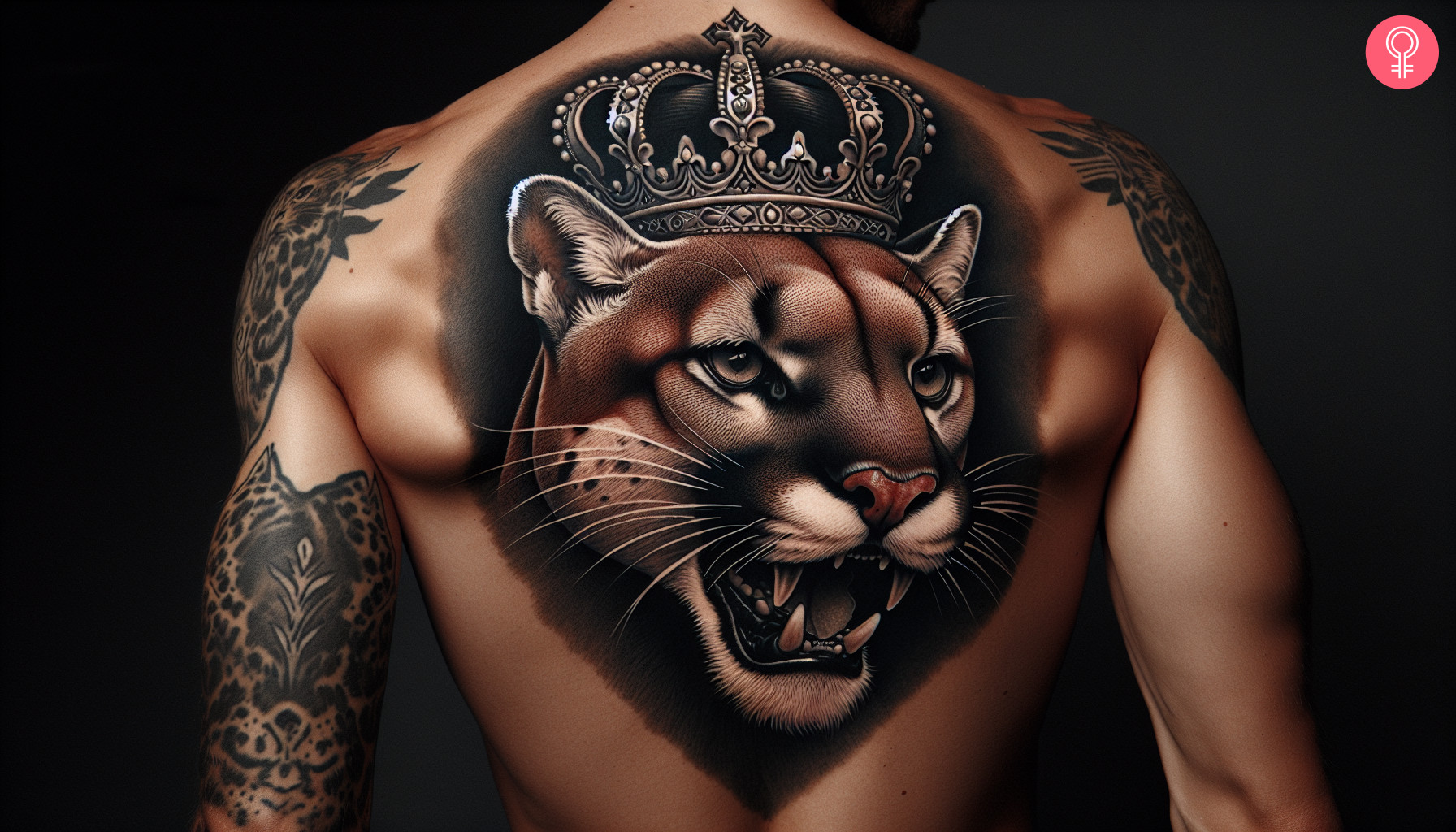 A lioness with crown tattoo on the back