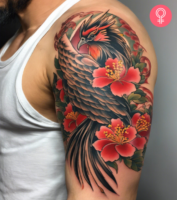 A man wearing a Japanese Phoenix sleeve tattoo.