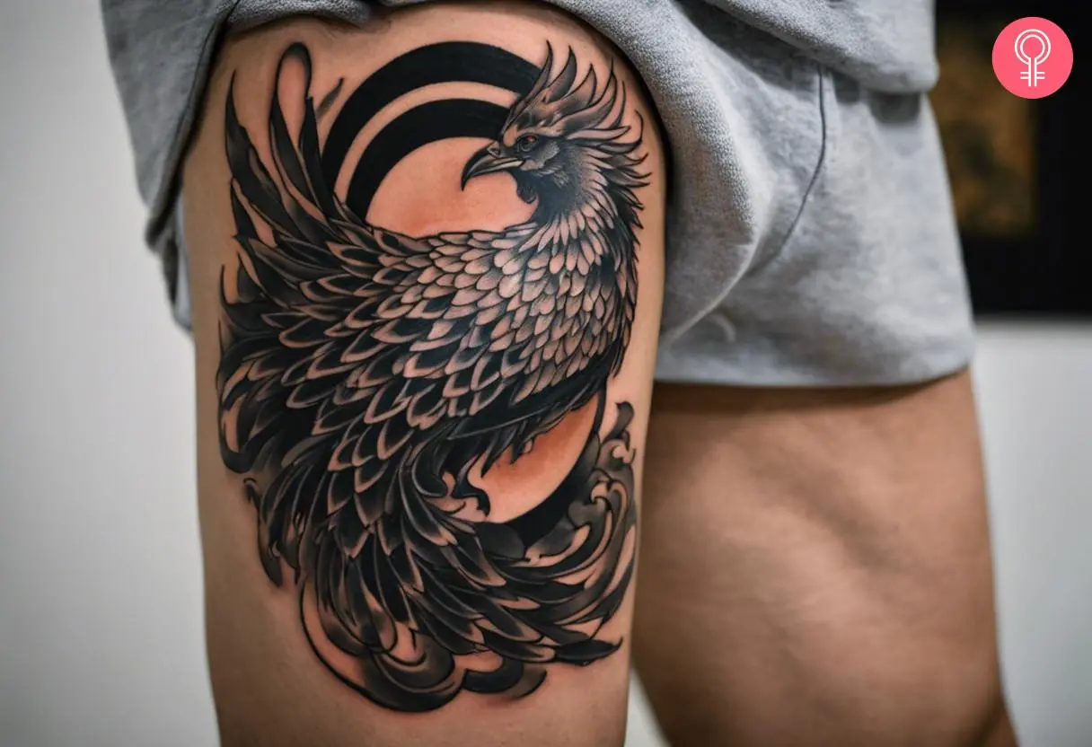 A man wearing a Japanese black phoenix tattoo on his thigh