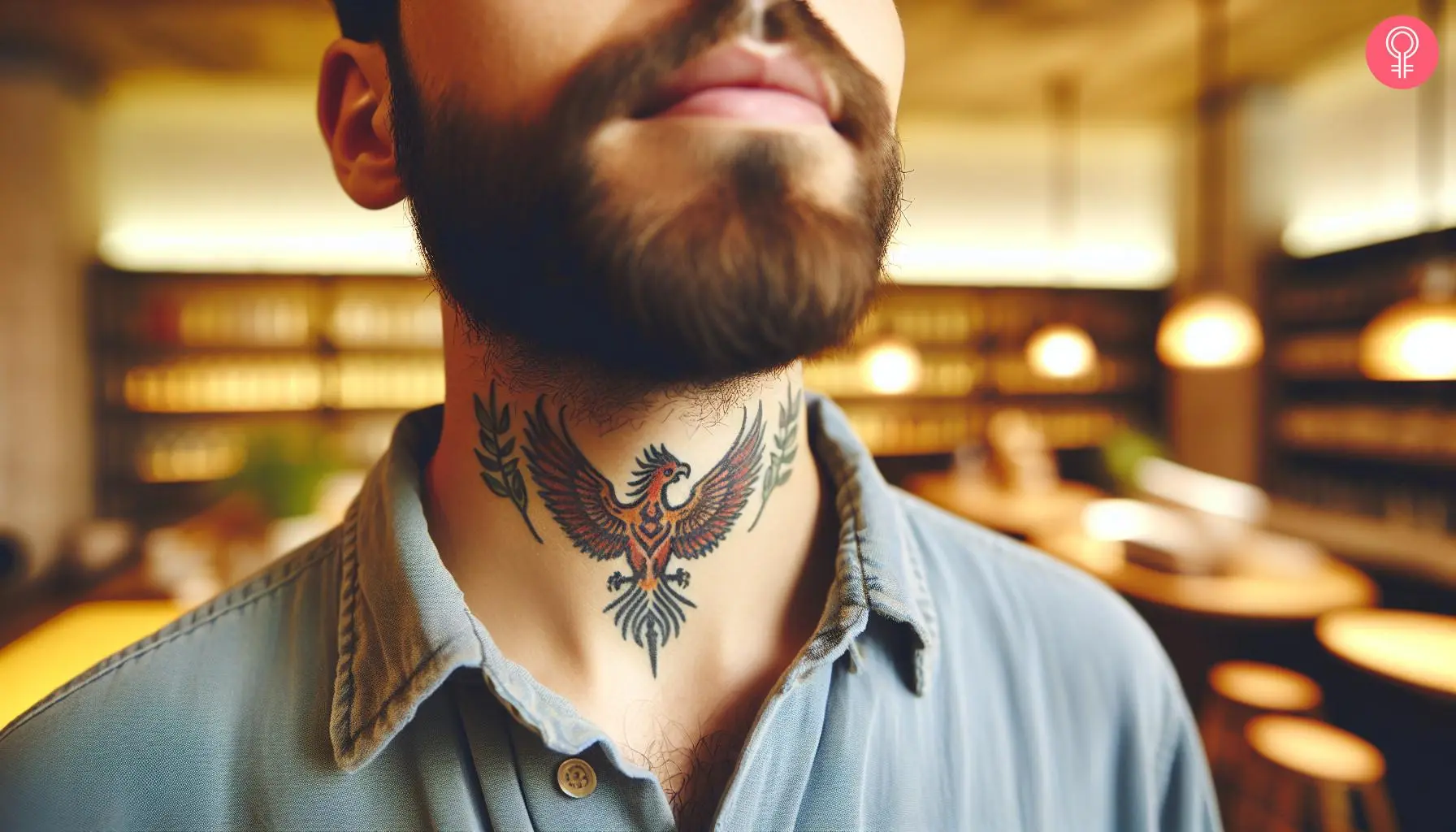 A man wearing a Japanese phoenix throat tattoo.