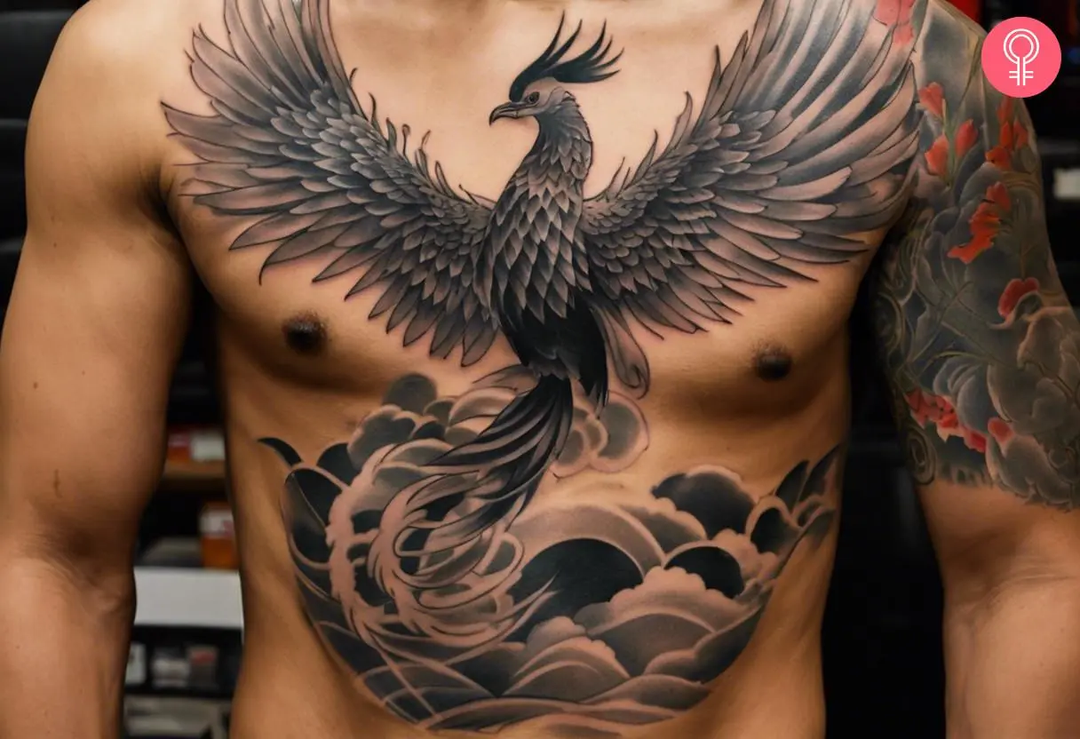 A man wearing a black-and-gray Japanese phoenix tattoo on his chest