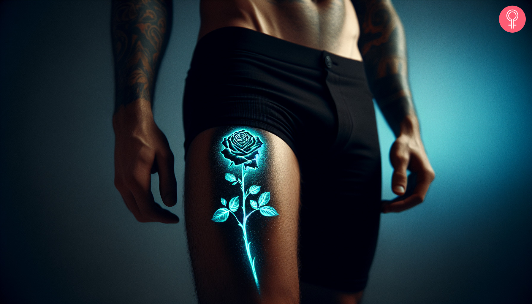 A man wearing a glow-in-the-dark thigh tattoo