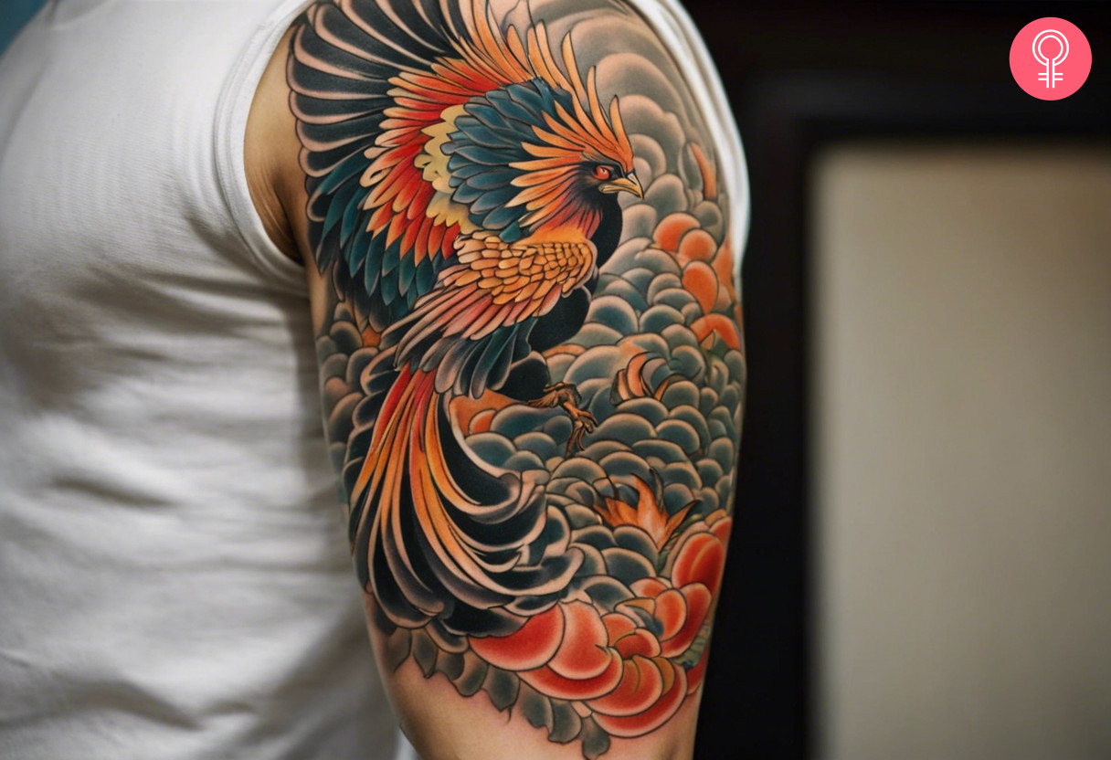 A man wearing a half-sleeve Japanese Phoenix tattoo