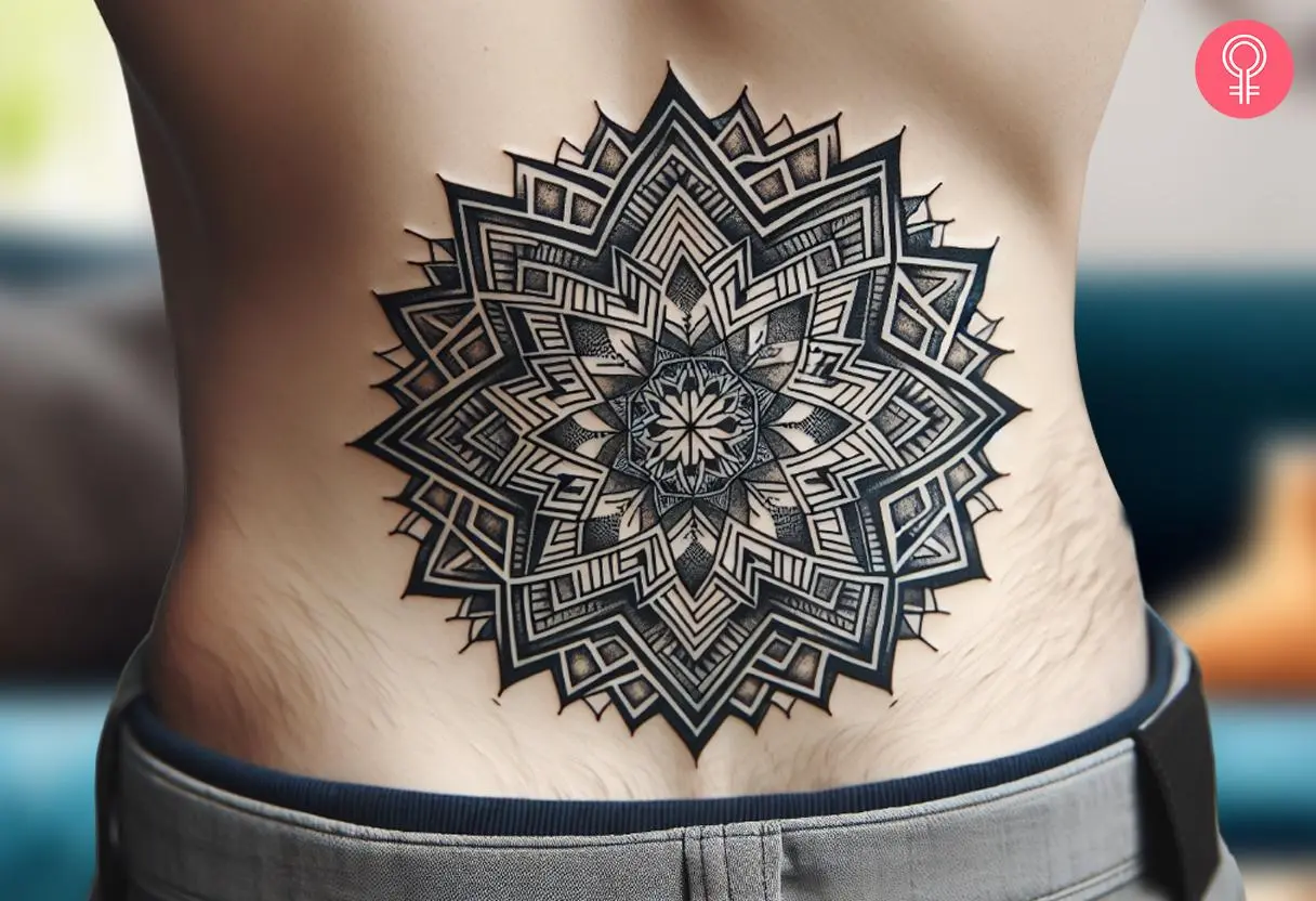 A man wearing a mandala design tattoo on the lower back