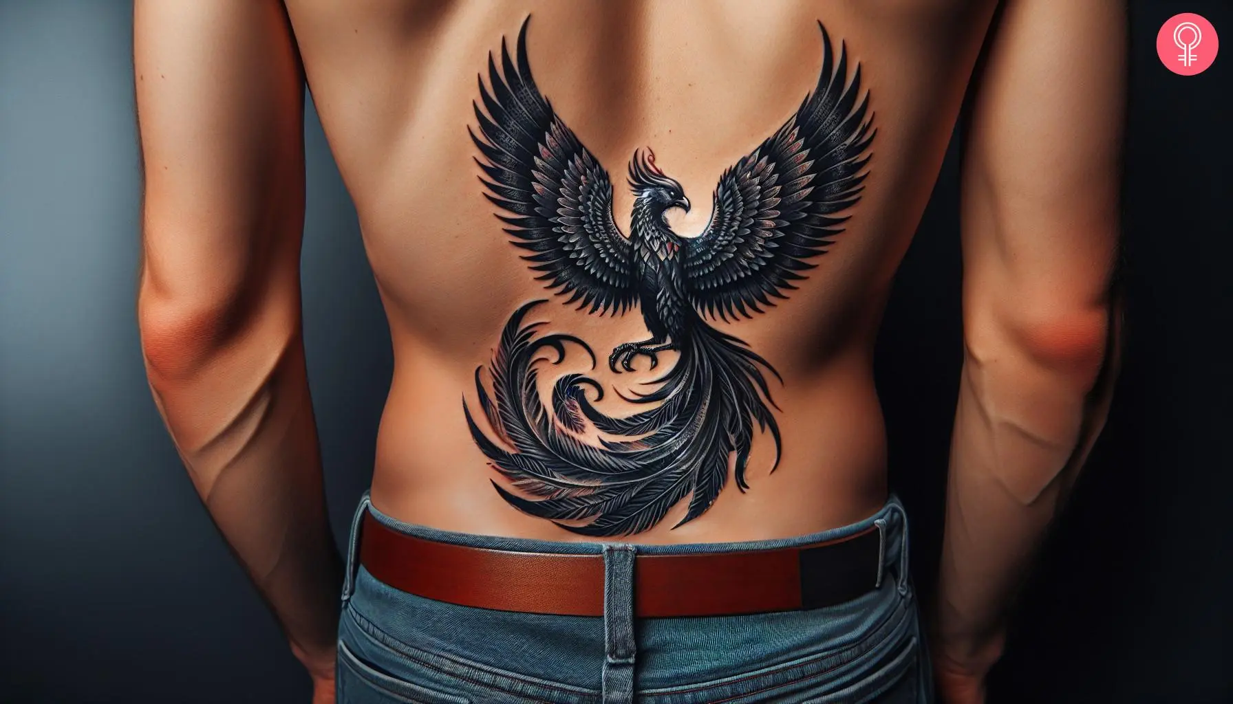 A man wearing a phoenix tattoo on the lower back